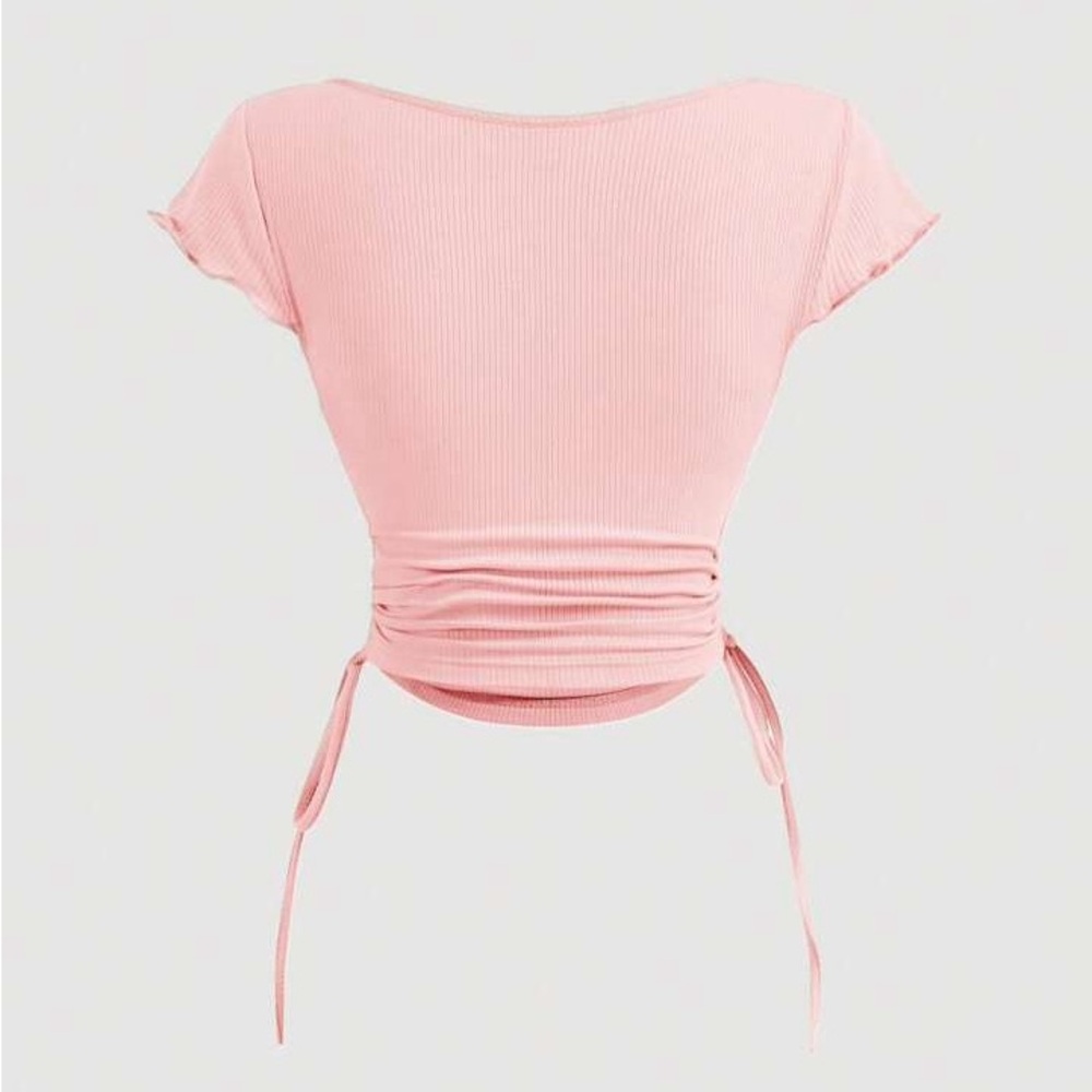 Pink Ruched Crop Top with Ribbons Lace Detail - Picture 2 of 4